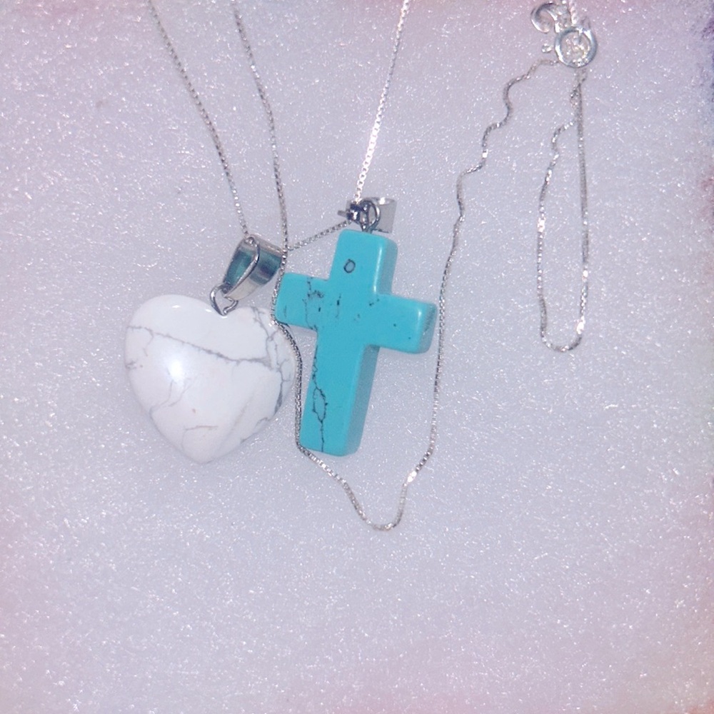 Boho hippie Turquoise Cross and Howlite Heart Sterling Silver 16” Nec…